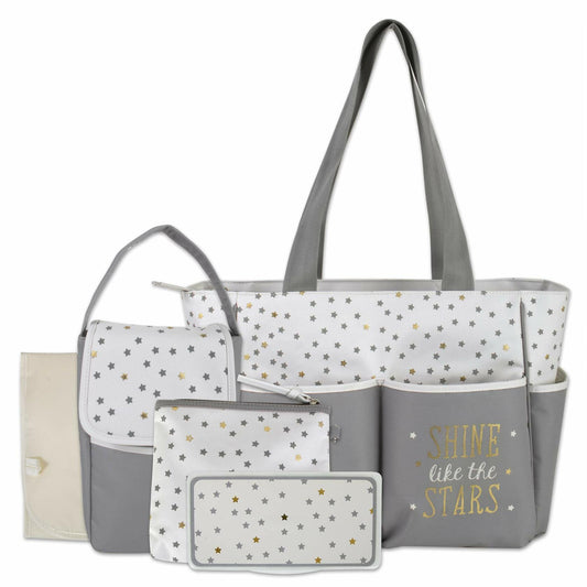 Baby Essentials Diaper Bag Tote 5PC Set Grey Cream Sun Moon Stars