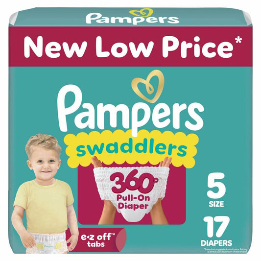 Pampers Swaddlers 360° Diapers White Leakproof Comfy Dry 17 Count Size 5