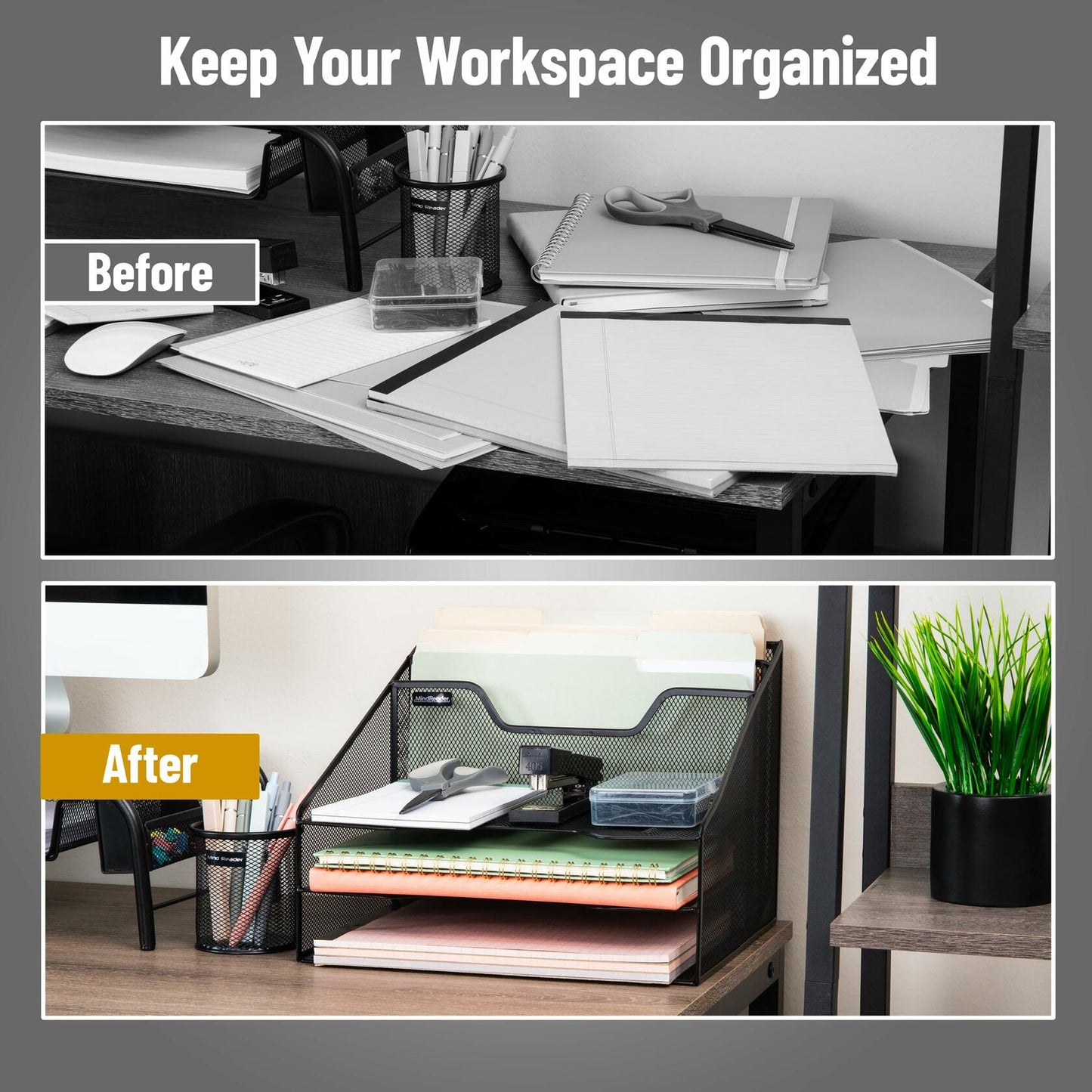 Mind Reader Metal Mesh 3-Tier Desktop File Organizer 5 Compartments Black