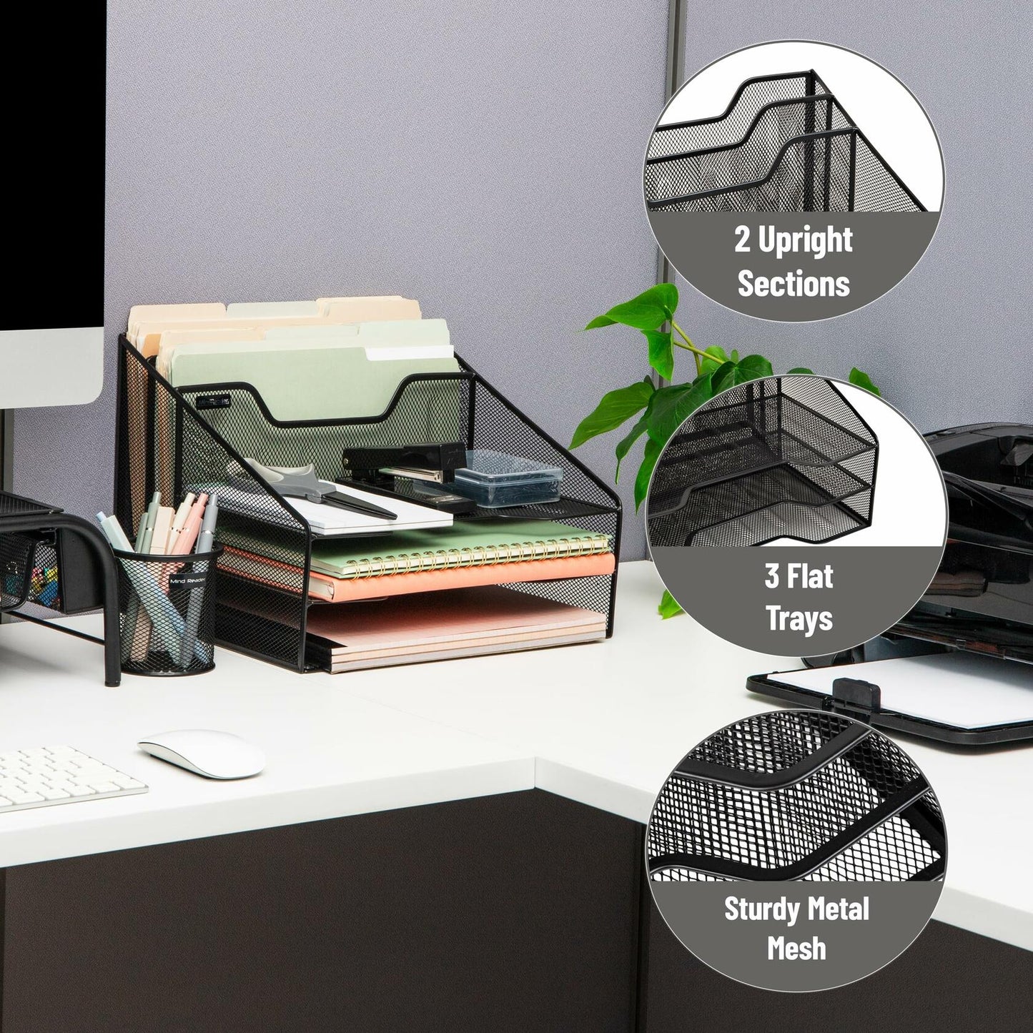 Mind Reader Metal Mesh 3-Tier Desktop File Organizer 5 Compartments Black