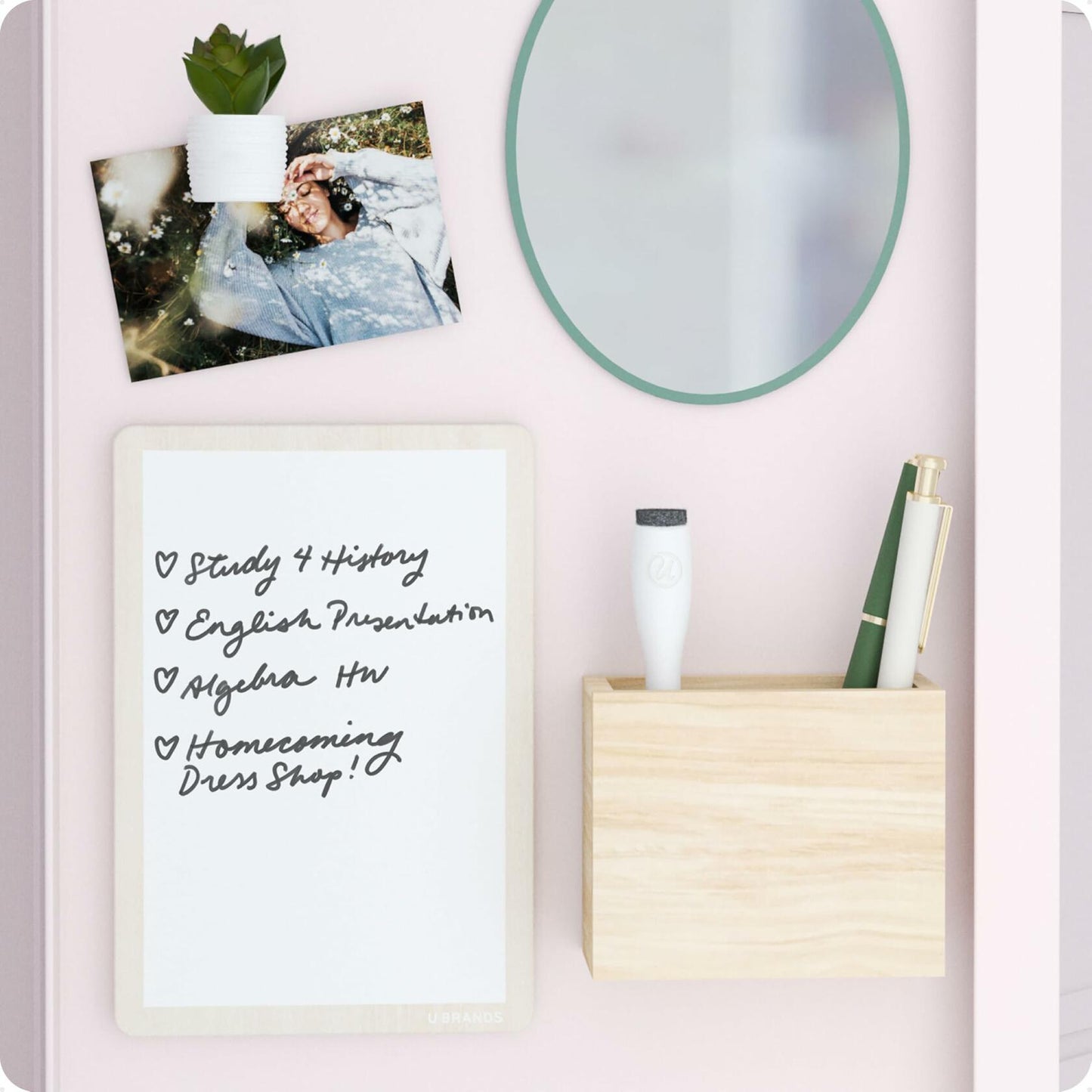 U Brands Magnetic Locker Garden Accessories Kit 5pc Boho Sage Whiteboard Mirror