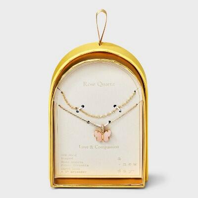 A New Day™ 14K Gold Dipped Cubic Zirconia Rose Quartz Butterfly Pendant Necklace