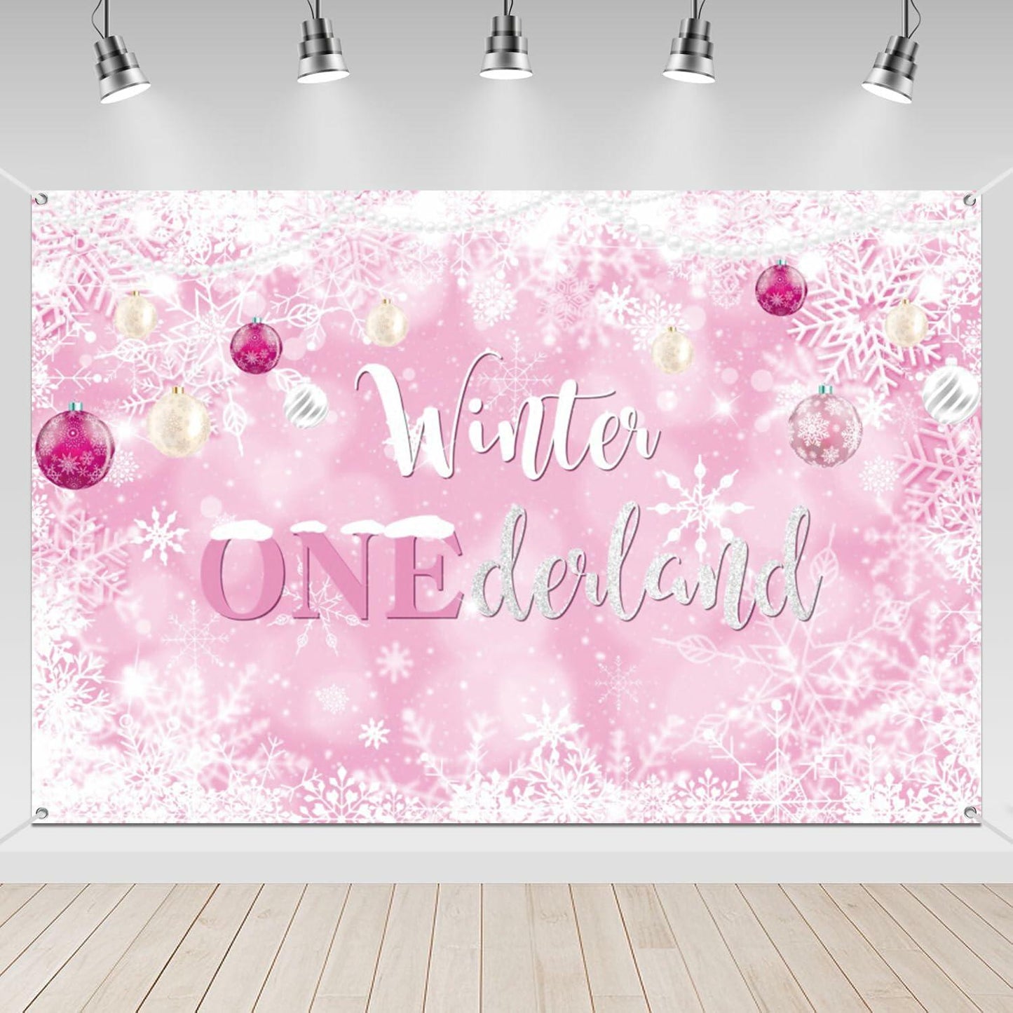 Winter Onederland First Birthday Banner Snowflake Backdrop 70.9x43.3 Pink