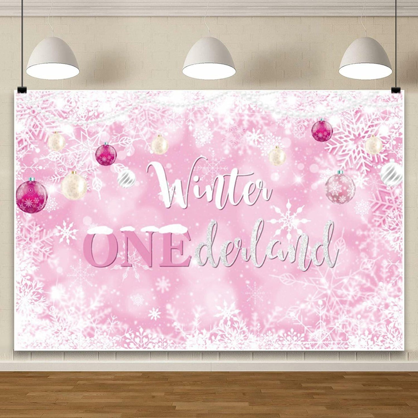 Winter Onederland First Birthday Banner Snowflake Backdrop 70.9x43.3 Pink