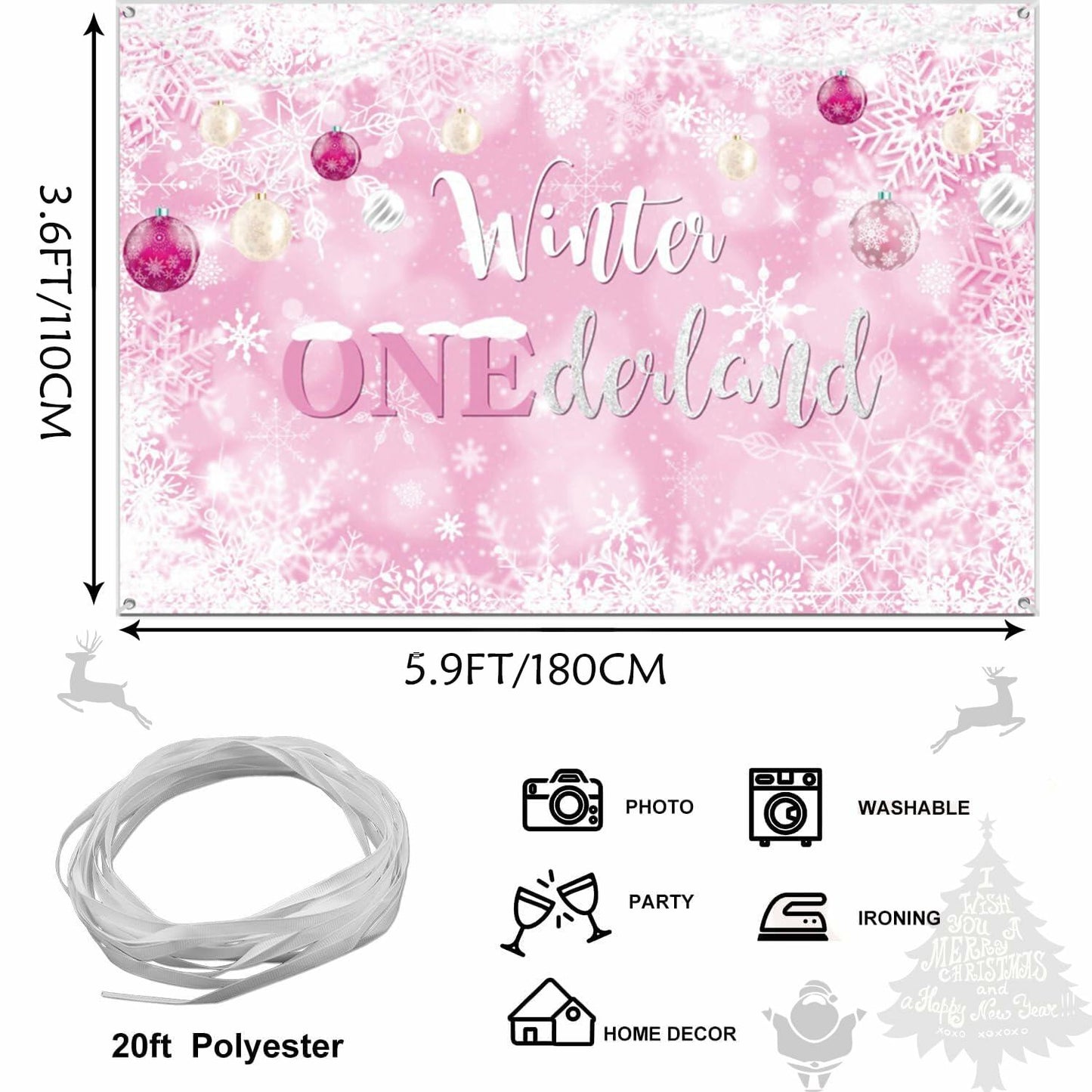 Winter Onederland First Birthday Banner Snowflake Backdrop 70.9x43.3 Pink