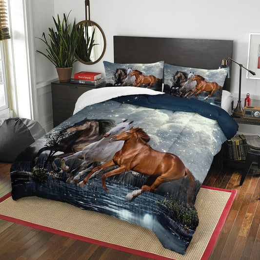 AILONEN Horses Comforter Set Twin Size 3Pcs Evening Running Horses Quilt