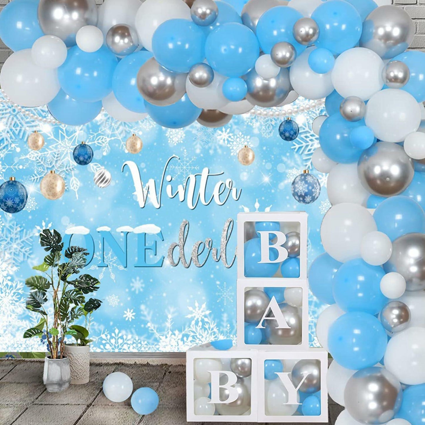 Winter Onederland Birthday Banner Snowflake Blue 70.9x43.3 Inch