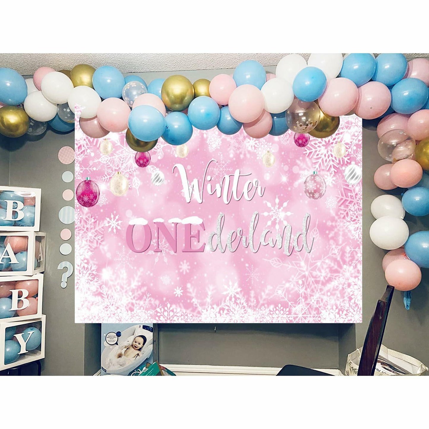 Winter Onederland First Birthday Banner Snowflake Backdrop 70.9x43.3 Pink