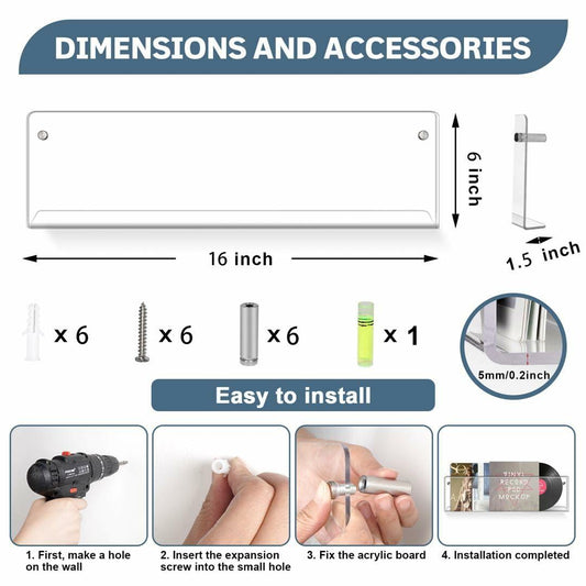 Vinyl Record Shelf Wall Mount Acrylic Floating Wall Shelf Clear 12 Inch