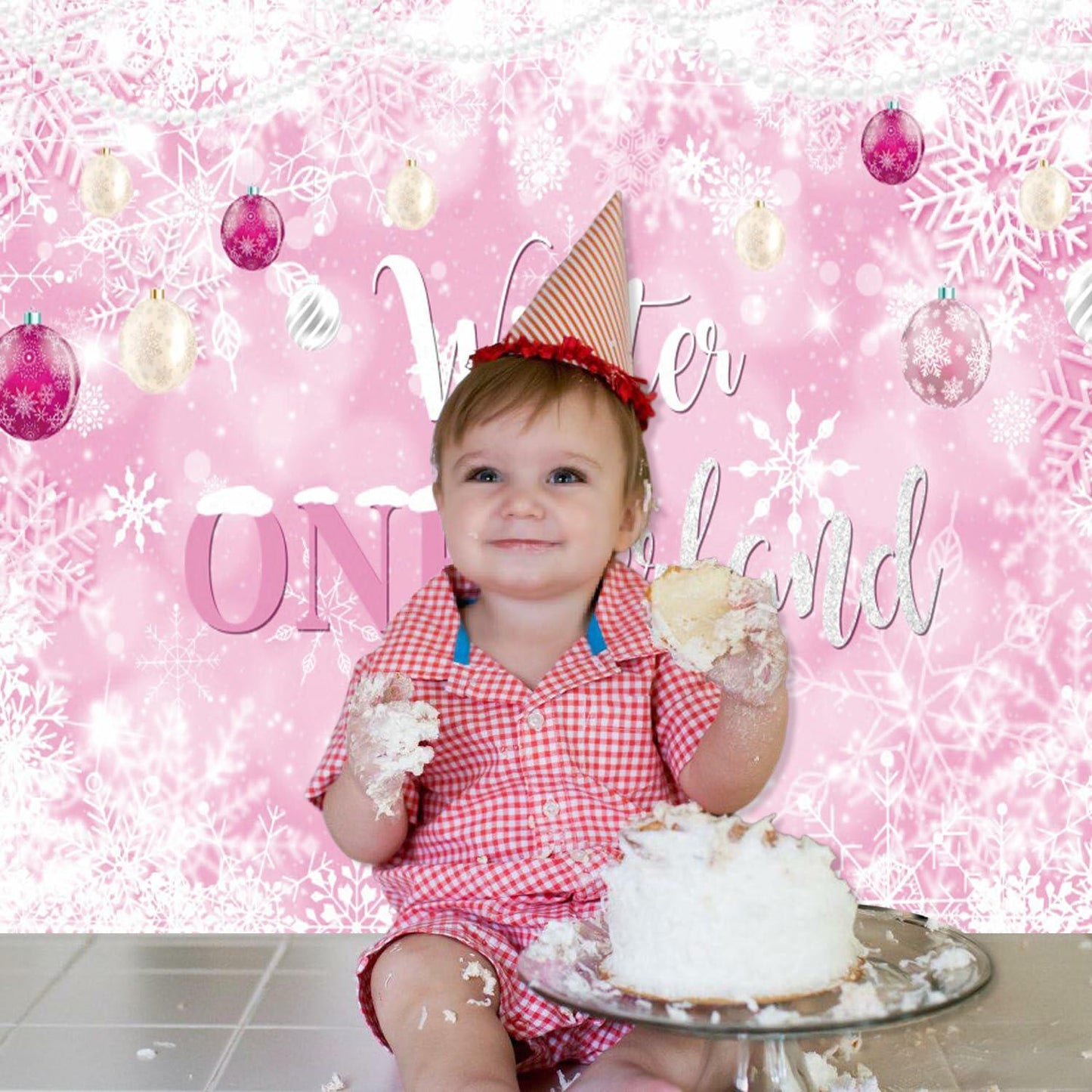 Winter Onederland First Birthday Banner Snowflake Backdrop 70.9x43.3 Pink