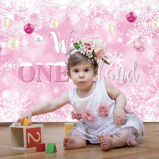 Winter Onederland First Birthday Banner Snowflake Backdrop 70.9x43.3 Pink