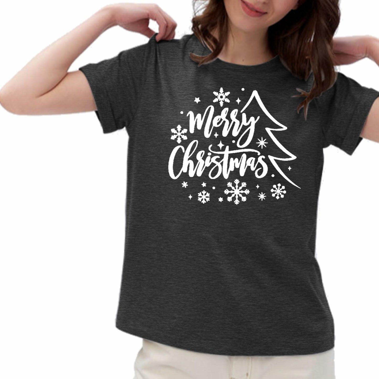 PQZ Christmas Tree Tee Shirt Women Loose Casual Top Grey1 Size M