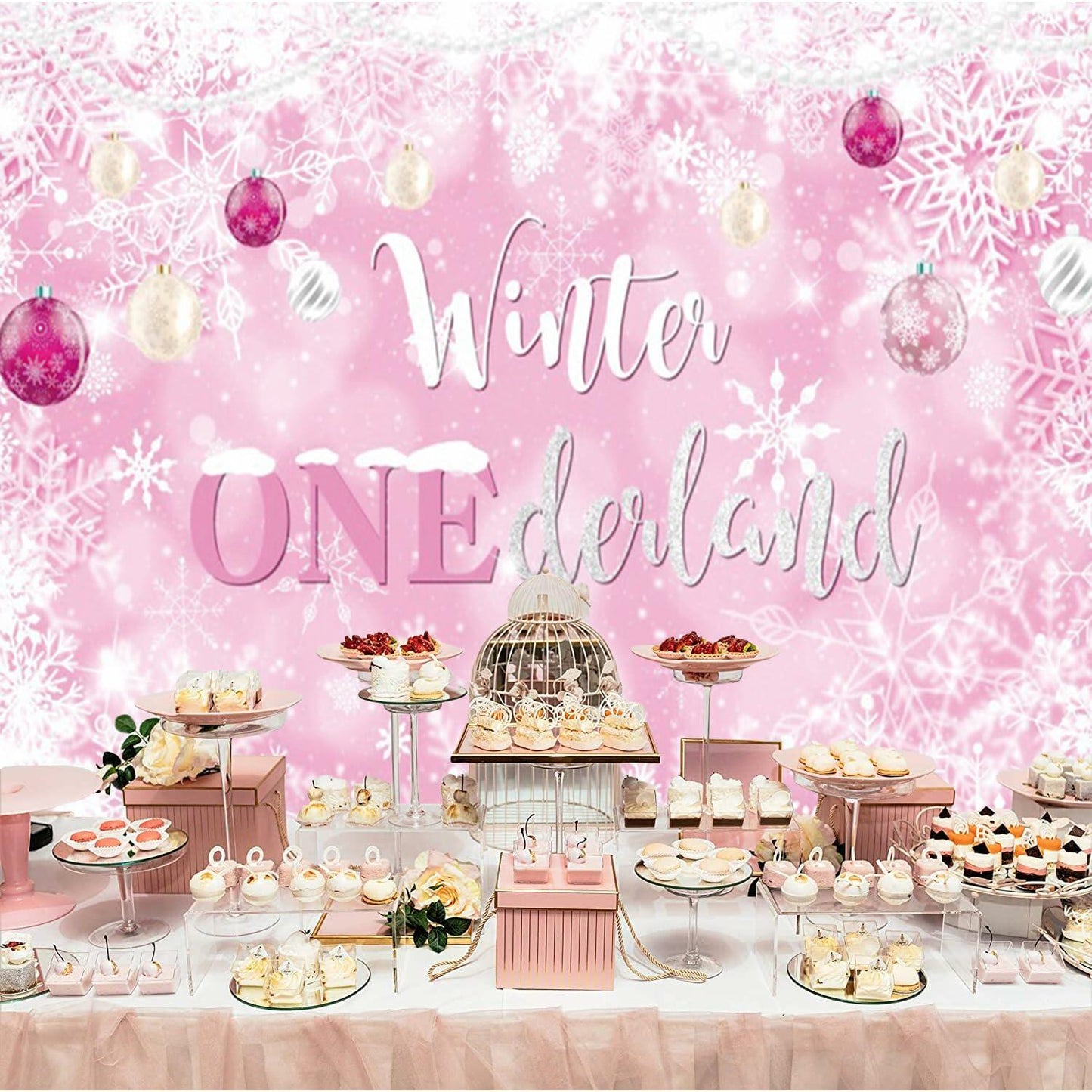 Winter Onederland First Birthday Banner Snowflake Backdrop 70.9x43.3 Pink