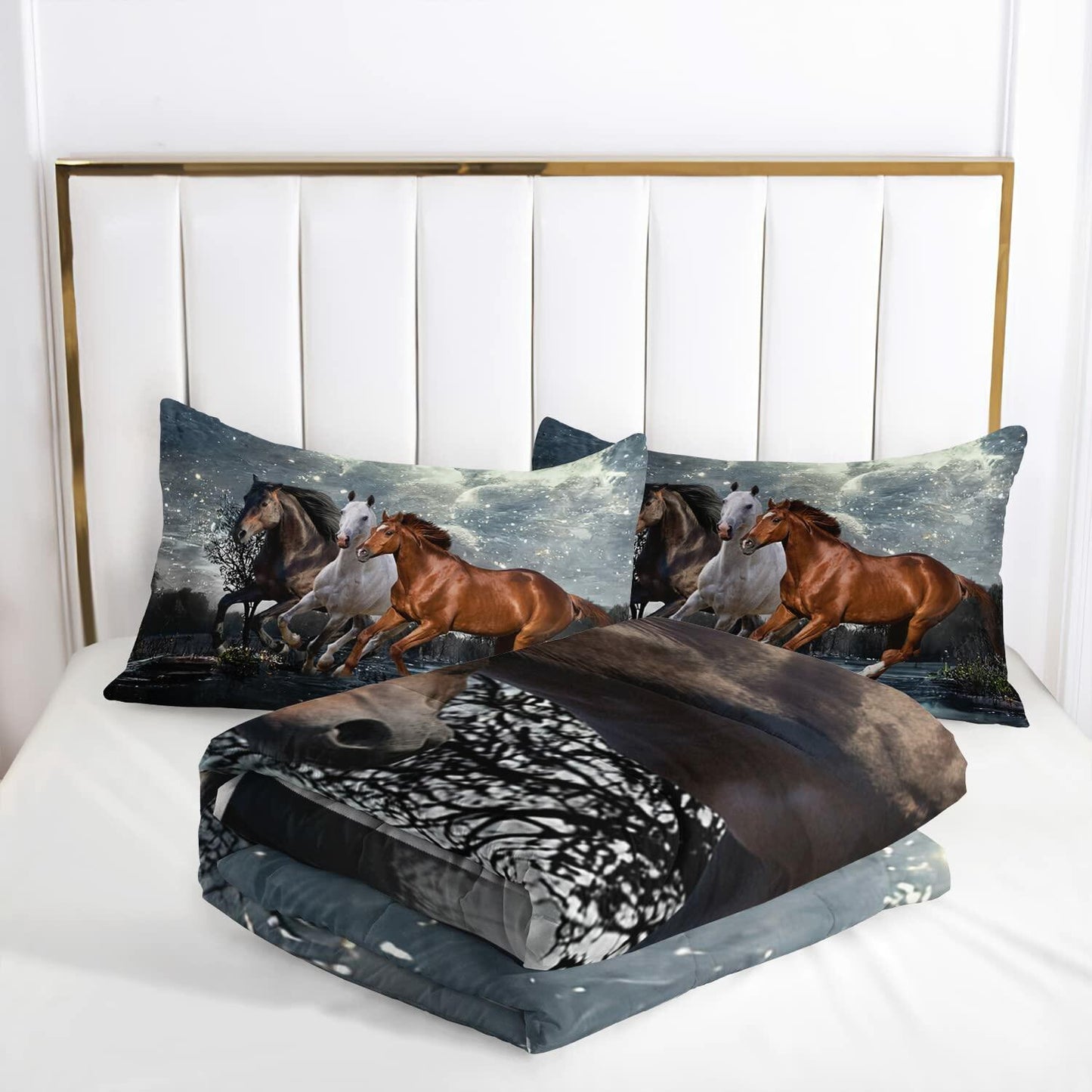 AILONEN Horses Comforter Set Twin Size 3Pcs Evening Running Horses Quilt