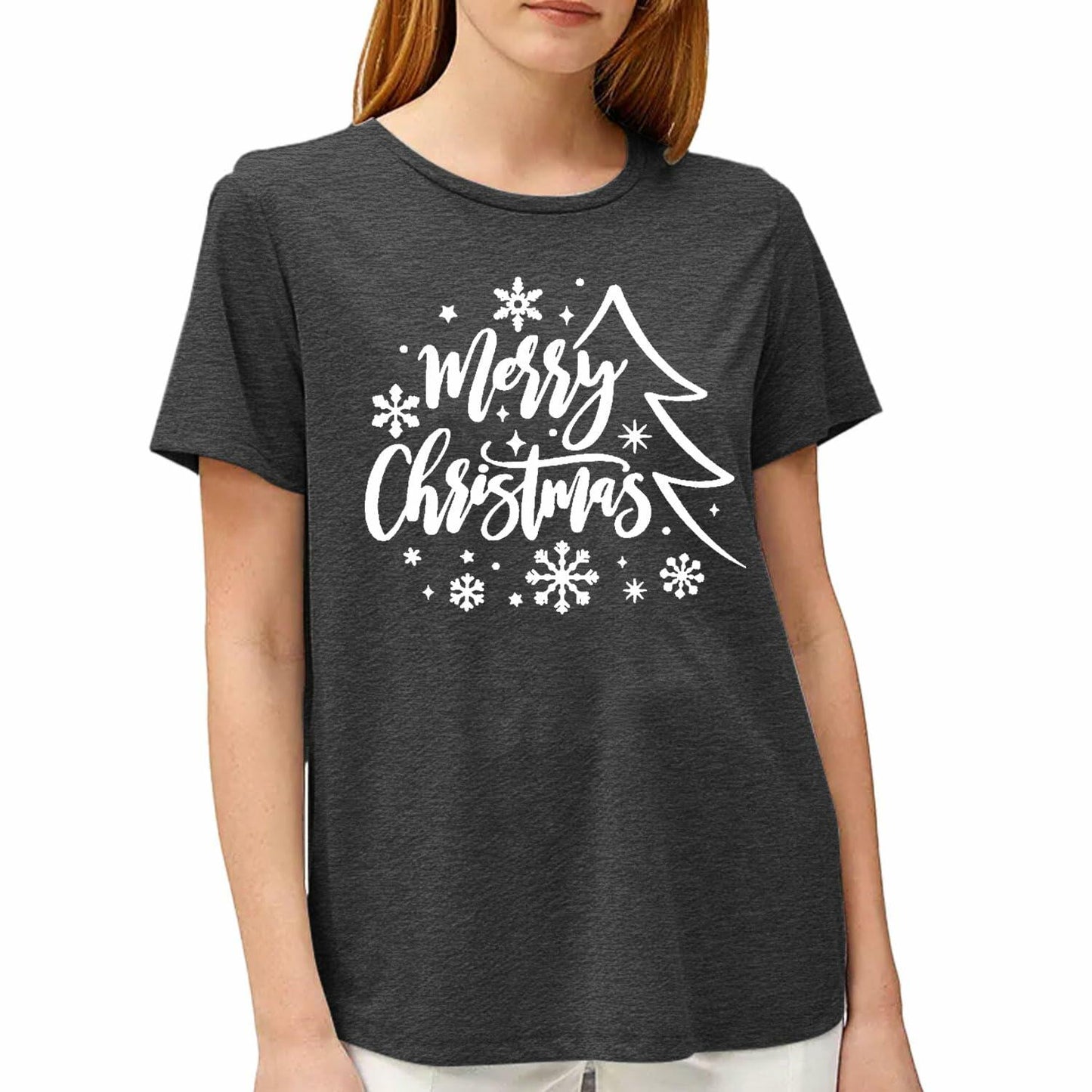 PQZ Christmas Tree Tee Shirt Women Loose Casual Top Grey1 Size M