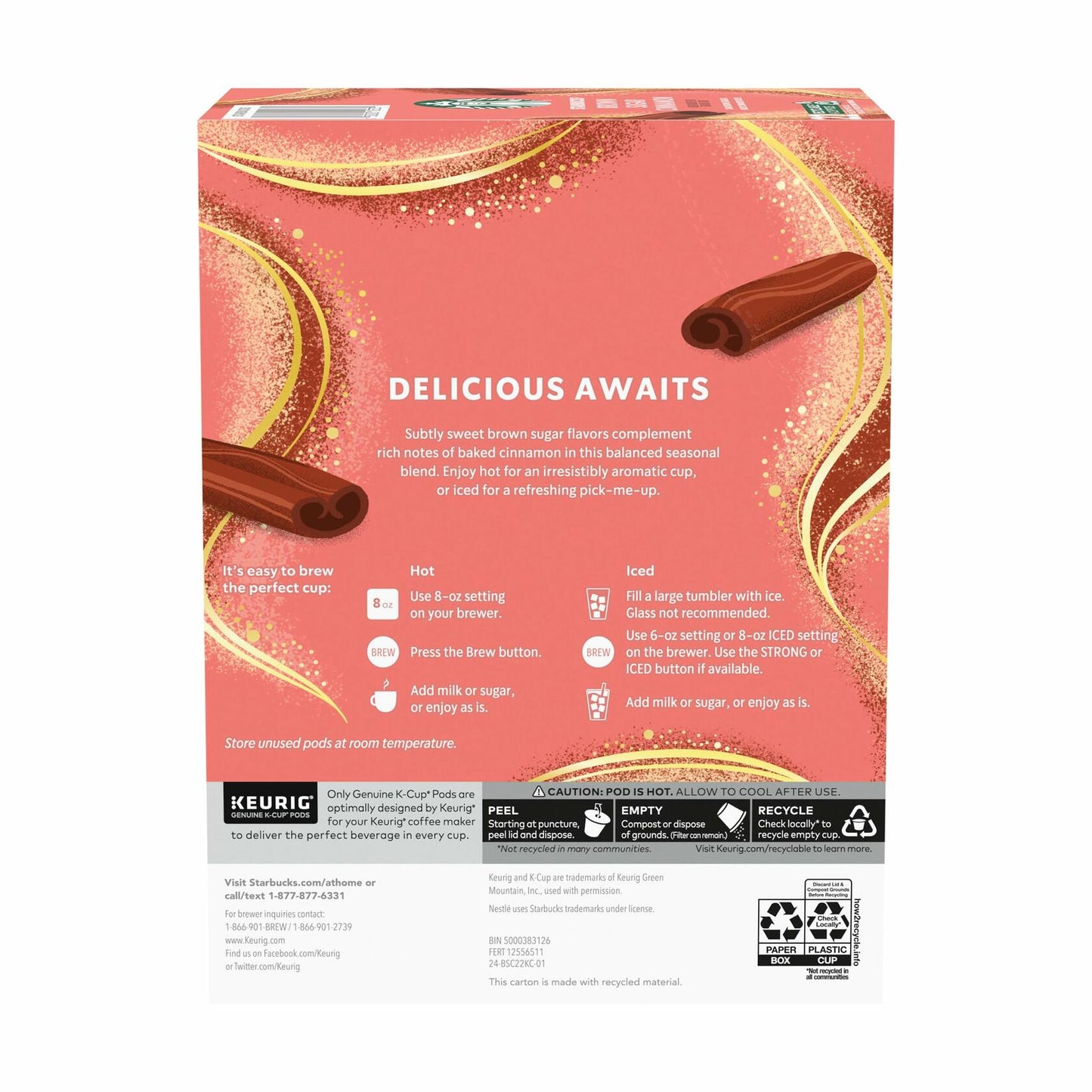 Starbucks K-Cup Brown Sugar Cinnamon Coffee Pods 22 Count 100% Arabica