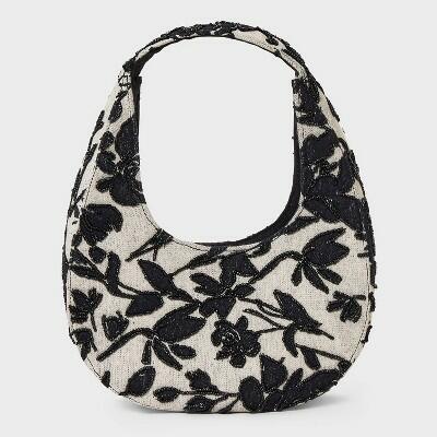 A New Day Mini Beaded Crescent Handbag Off-White Black Floral Pattern