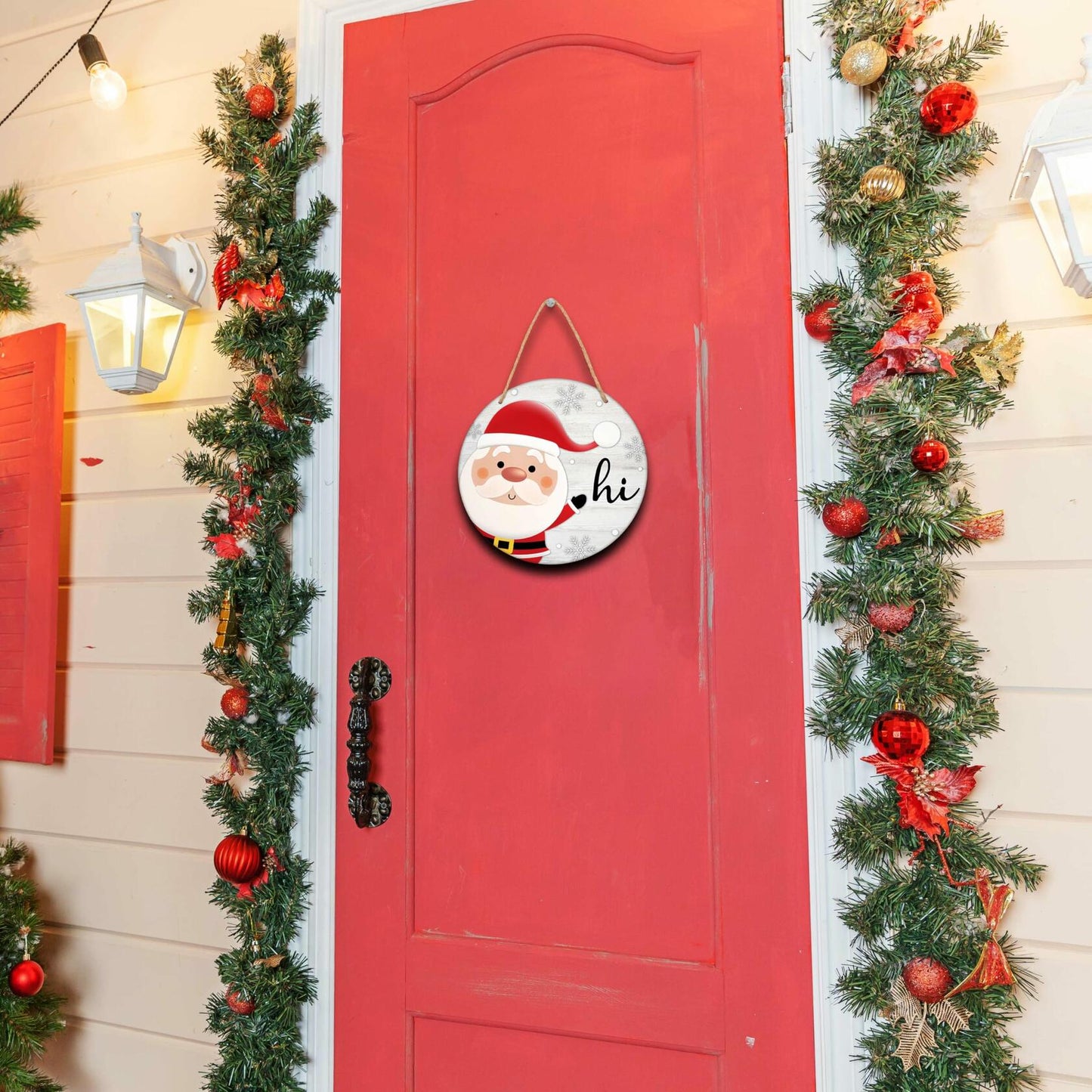 Santa Welcome Sign 8" Round Wood Hanging Plaque Christmas Decor A10