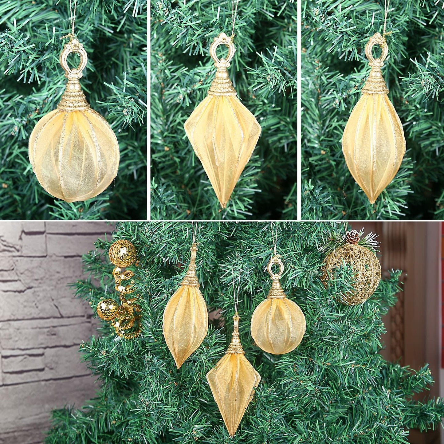 Gold Rugby Christmas Ornaments 6pc Set Round Balls Diamond Pendants