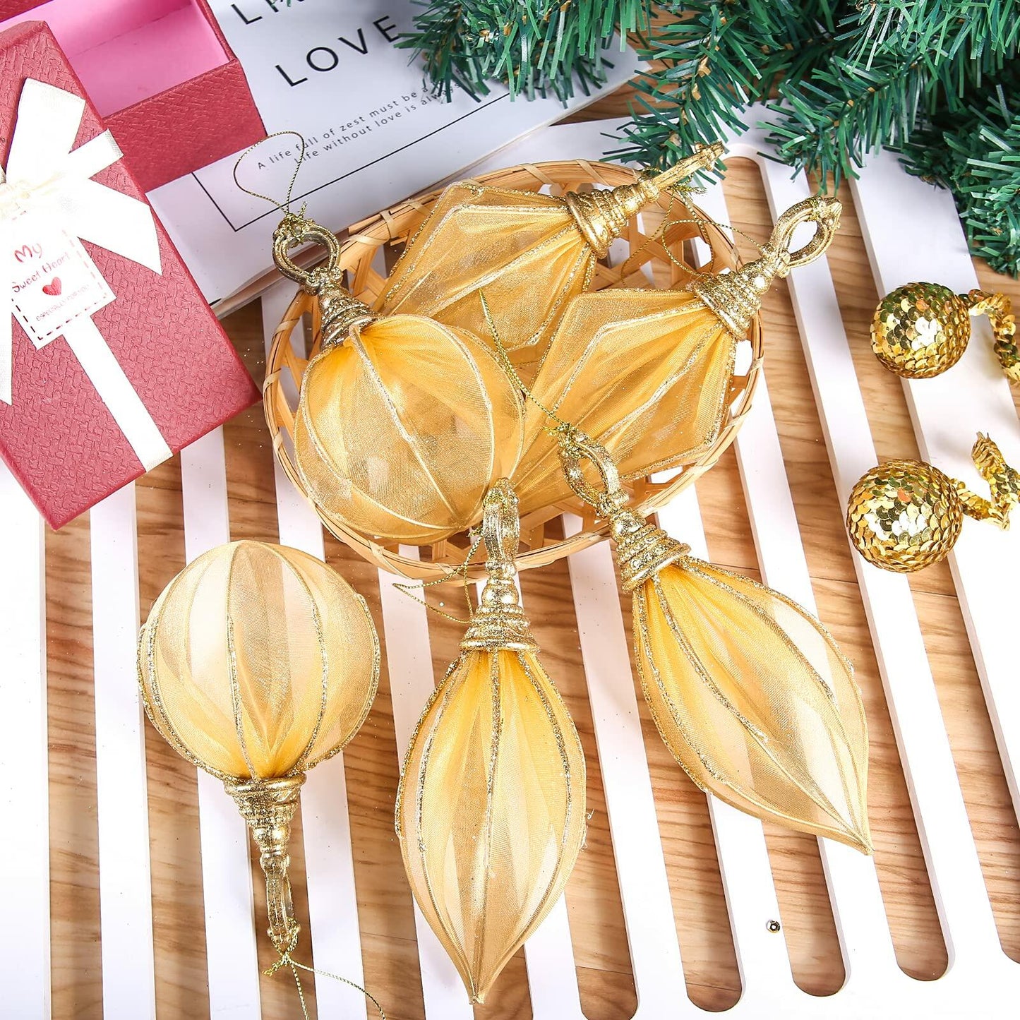 Gold Rugby Christmas Ornaments 6pc Set Round Balls Diamond Pendants