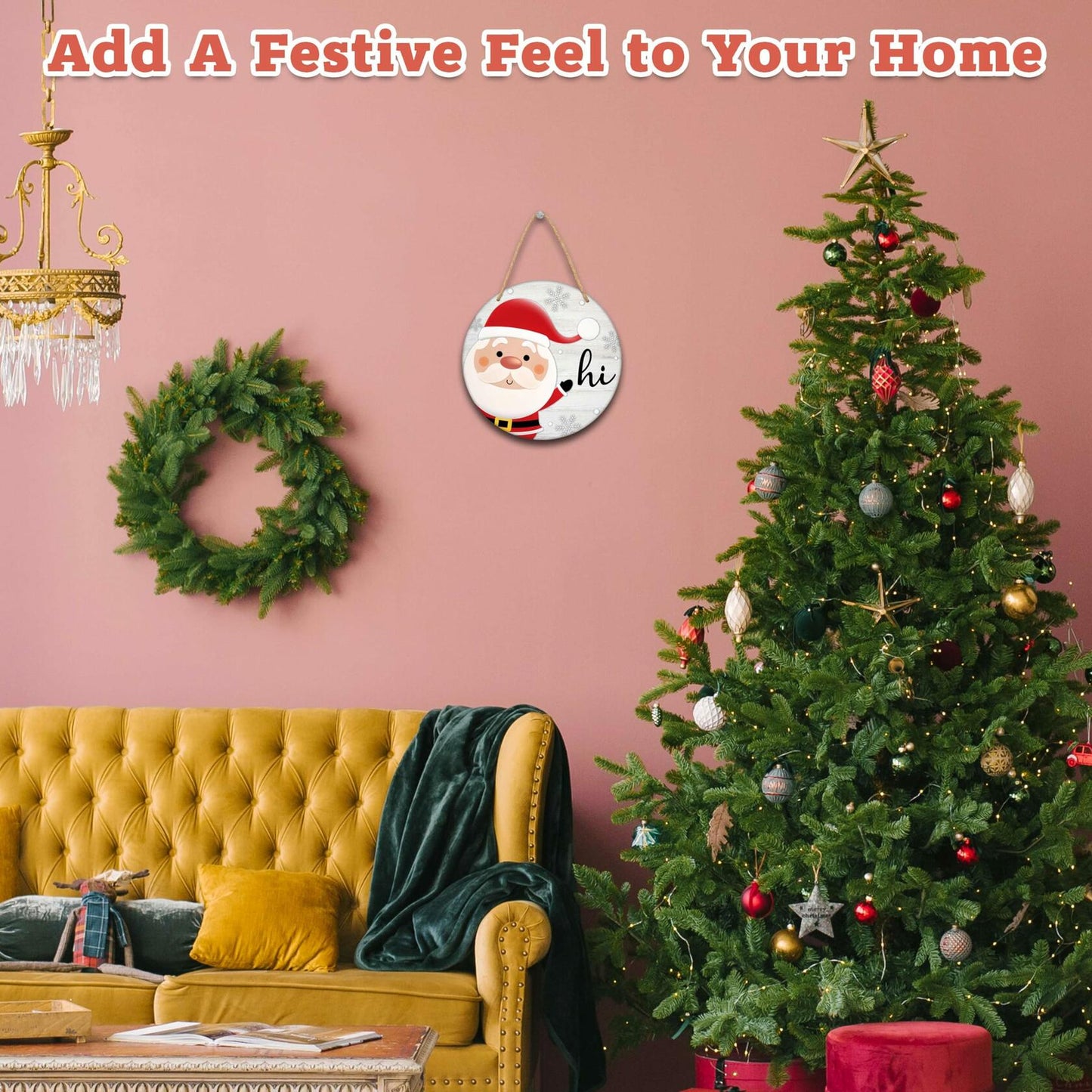Santa Welcome Sign 8" Round Wood Hanging Plaque Christmas Decor A10