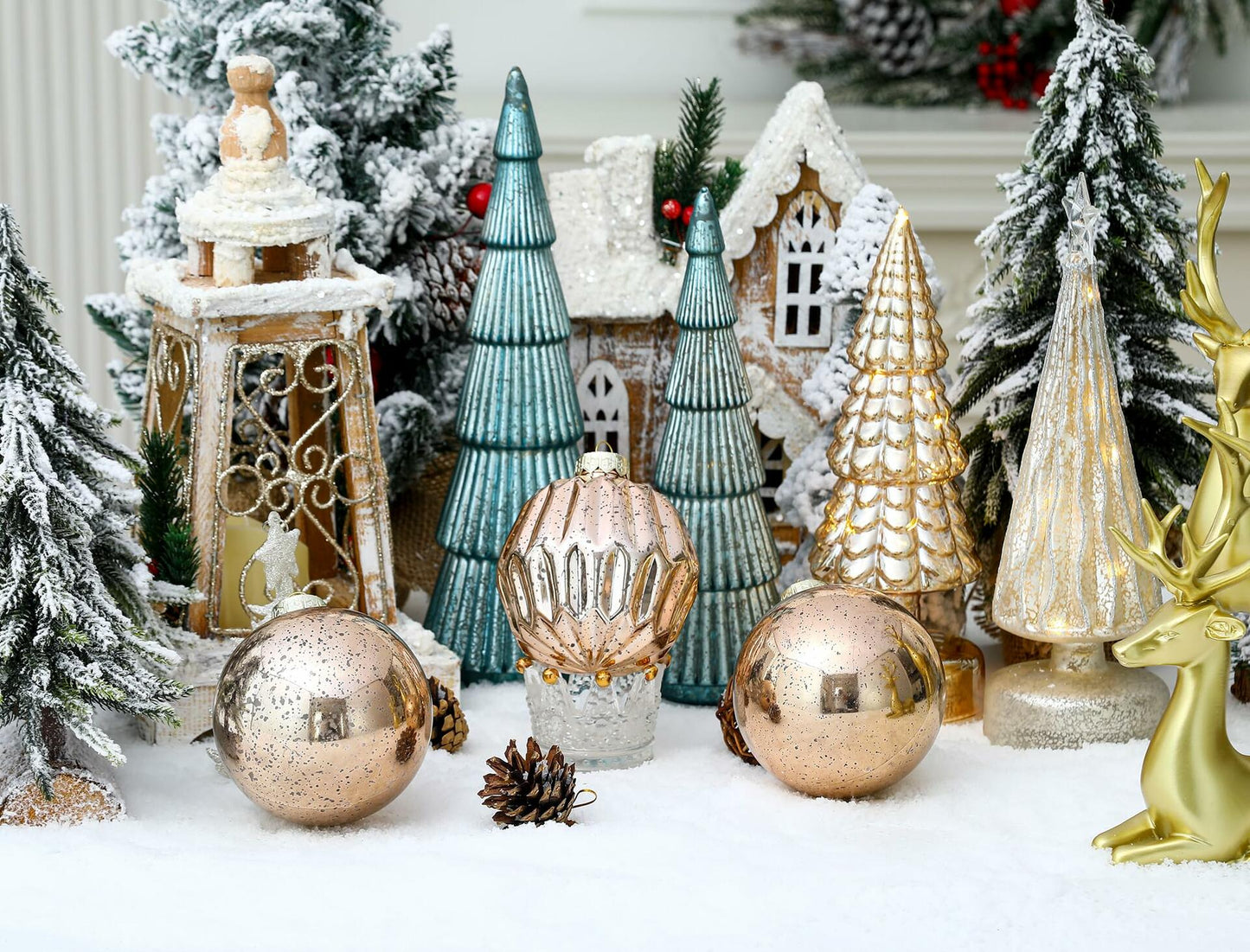 Jumbo Mercury Rose Gold Christmas Ornaments 6" Shatterproof Set of 2