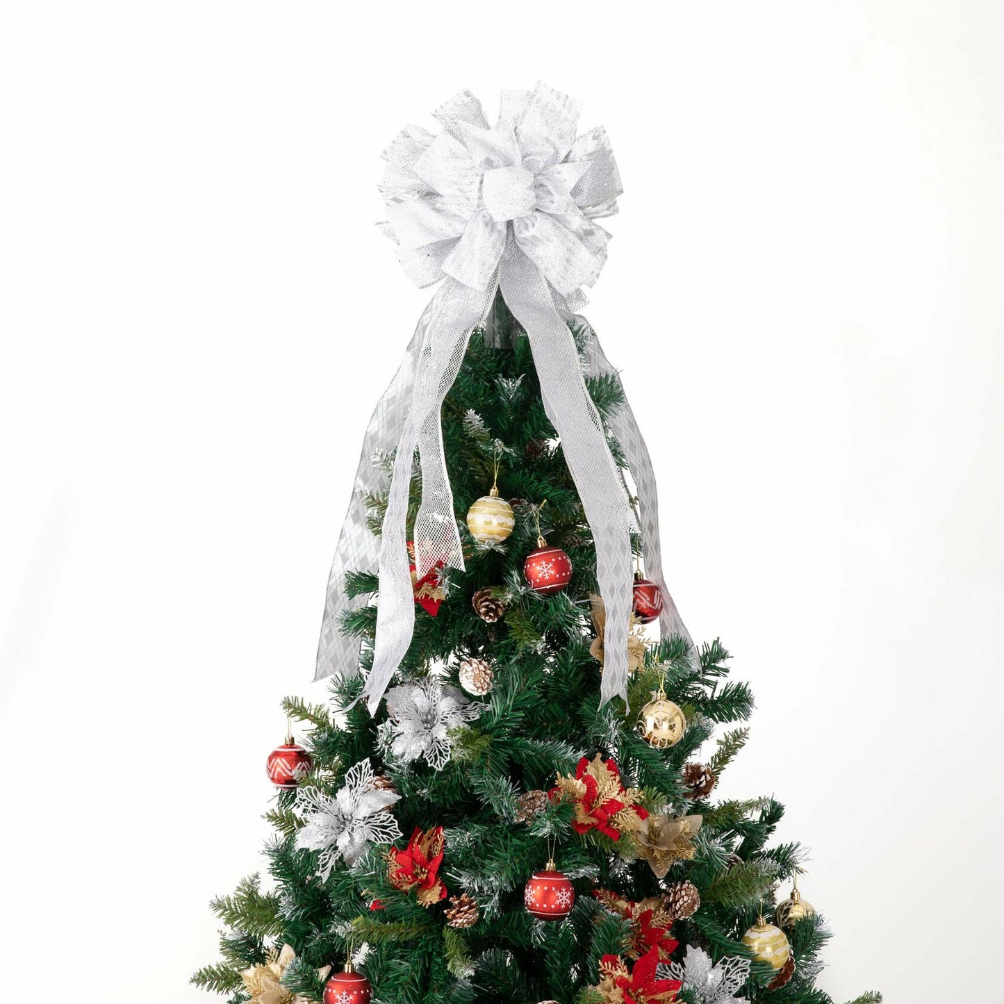 Handmade Christmas Tree Bow Topper Large Silver 27x12 Inches