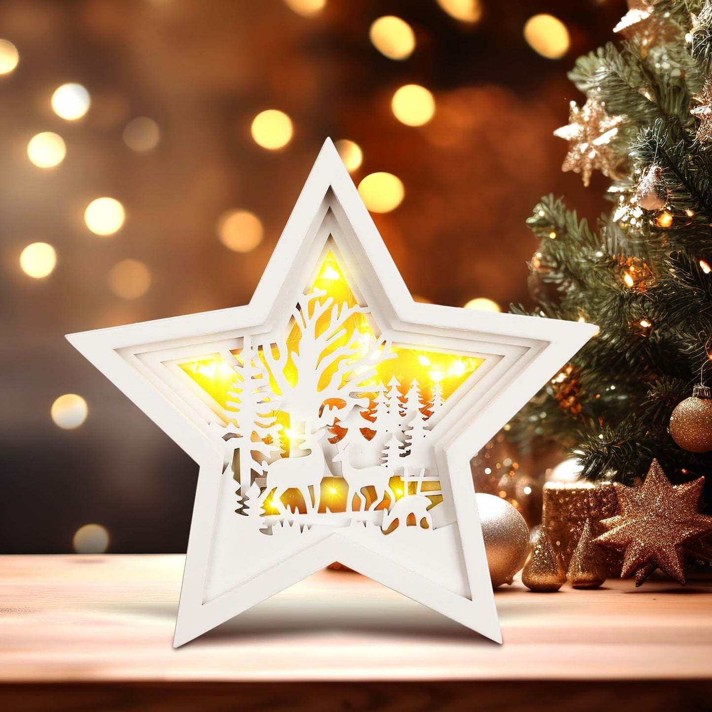 Rustic Wooden Christmas Reindeer Tree Topper Lighted Star 11x11 Inch