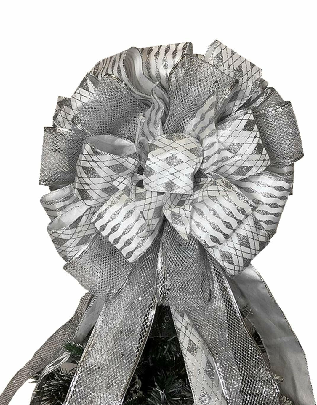 Handmade Christmas Tree Bow Topper Large Silver 27x12 Inches