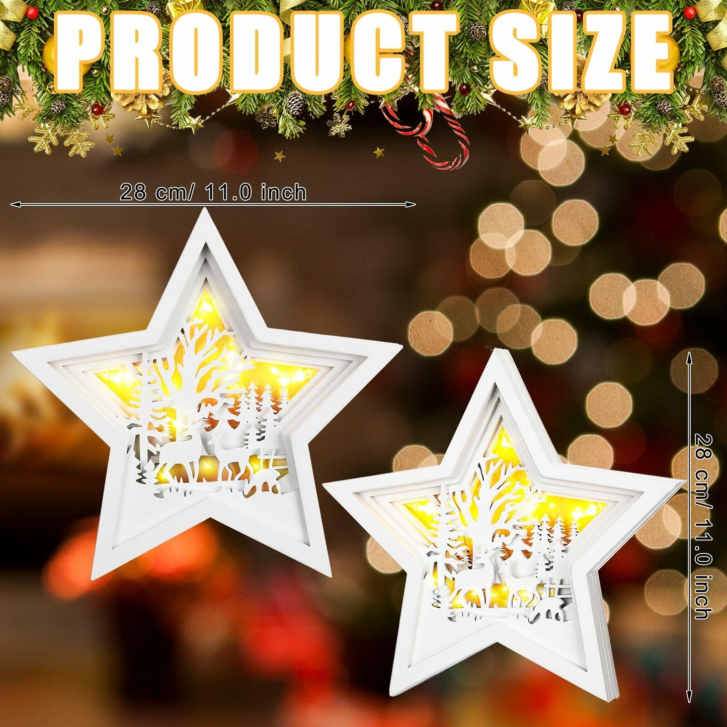 Rustic Wooden Christmas Reindeer Tree Topper Lighted Star 11x11 Inch