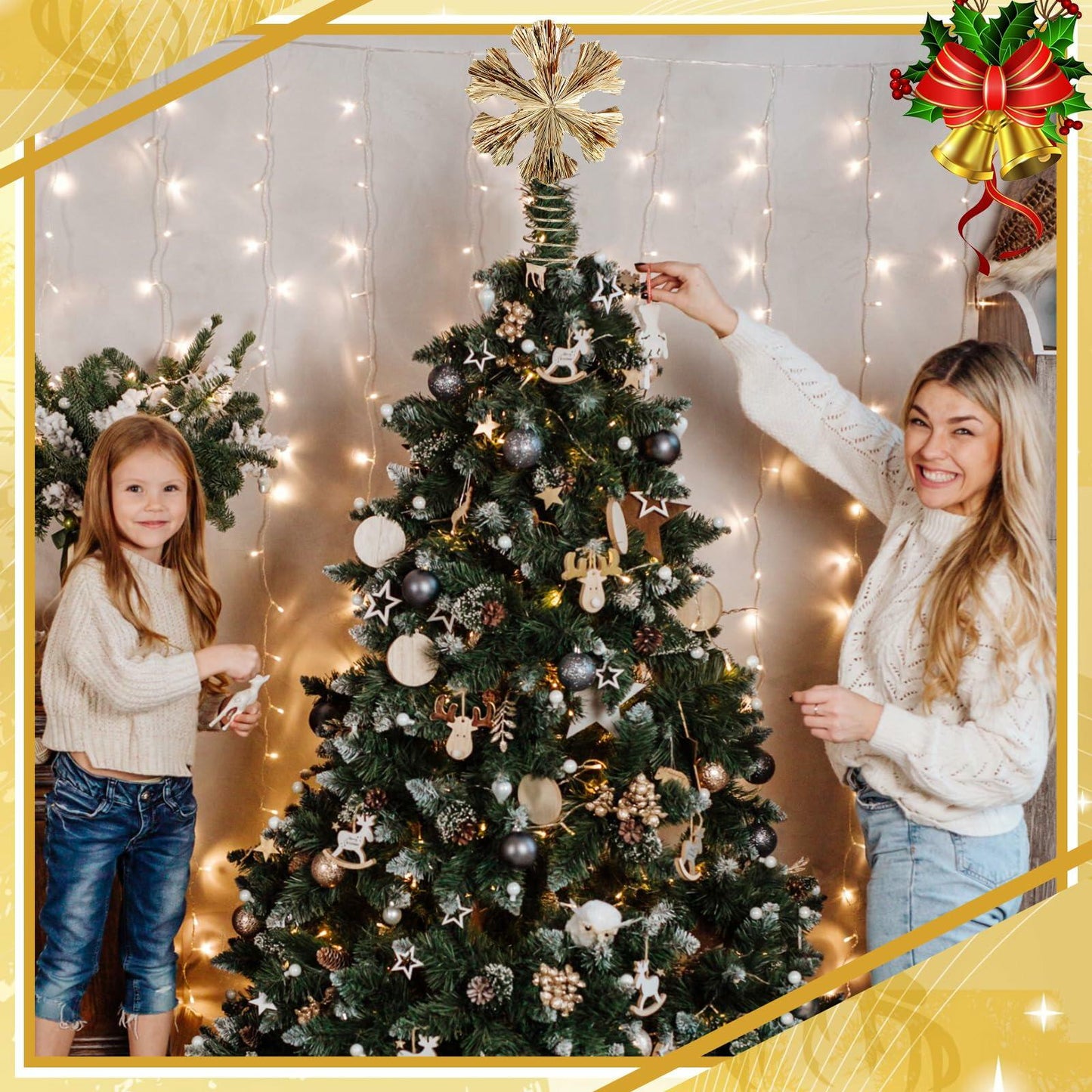 Cinnvoice Snowflake Christmas Tree Topper 11" Champagne Gold Glitter