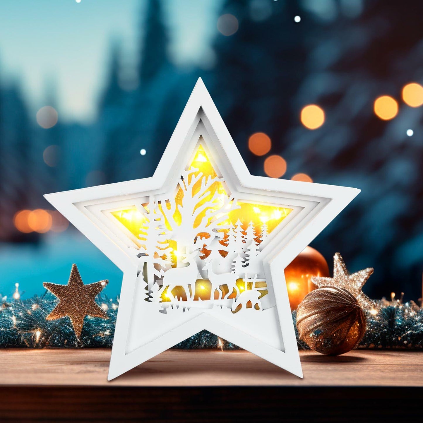 Rustic Wooden Christmas Reindeer Tree Topper Lighted Star 11x11 Inch