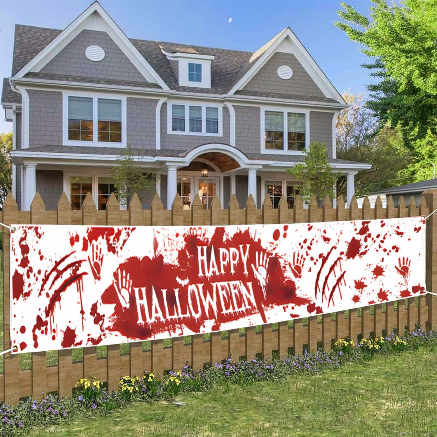 DENNSHH Happy Halloween Outdoor Banner 120x20 White Polyester Yard Sign