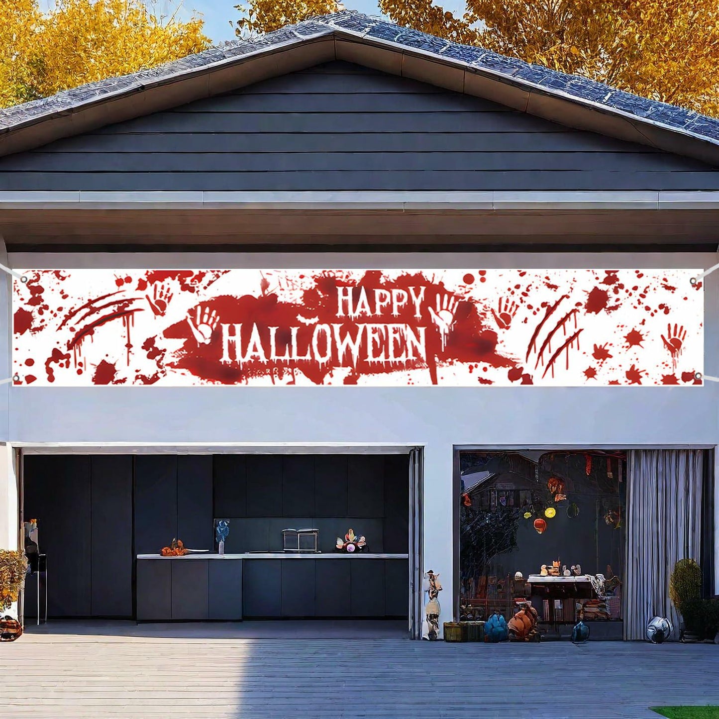 DENNSHH Happy Halloween Outdoor Banner 120x20 White Polyester Yard Sign