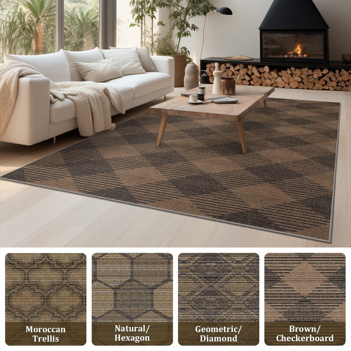 YIHOUSE Checkered Jute Rug 8x10 Brown Black Non Slip Indoor Outdoor