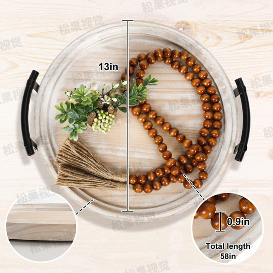 Round Wood Tray with Wood Bead Garland 13" Decorative Tray with Handles