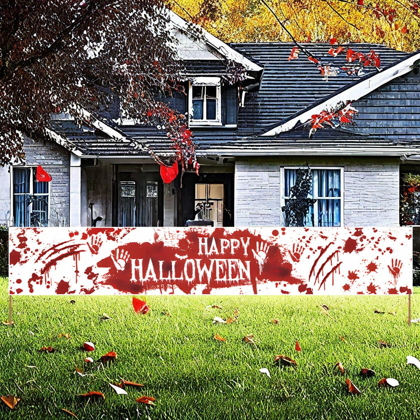 DENNSHH Happy Halloween Outdoor Banner 120x20 White Polyester Yard Sign