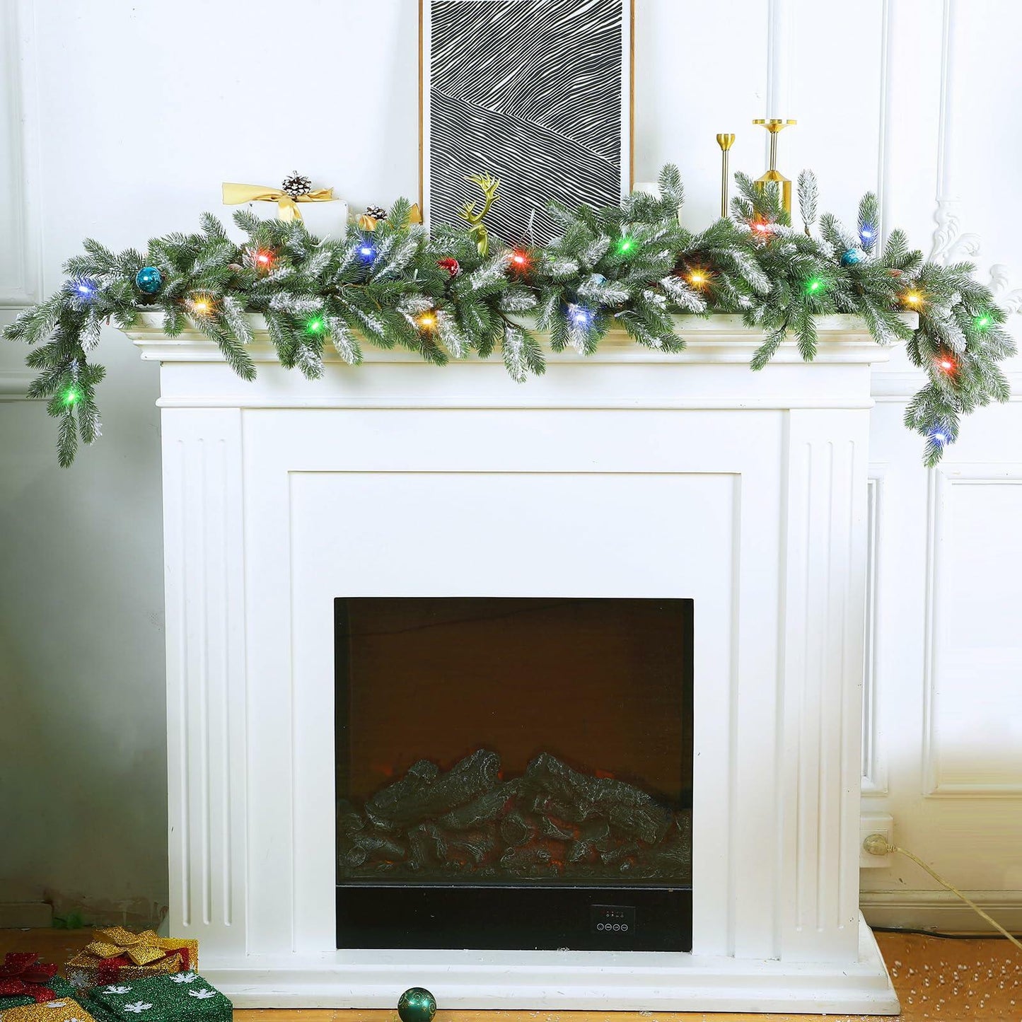 Chuangdi 9FT Flocked Cedar Garland with 50 LED Lights Frosted Pine