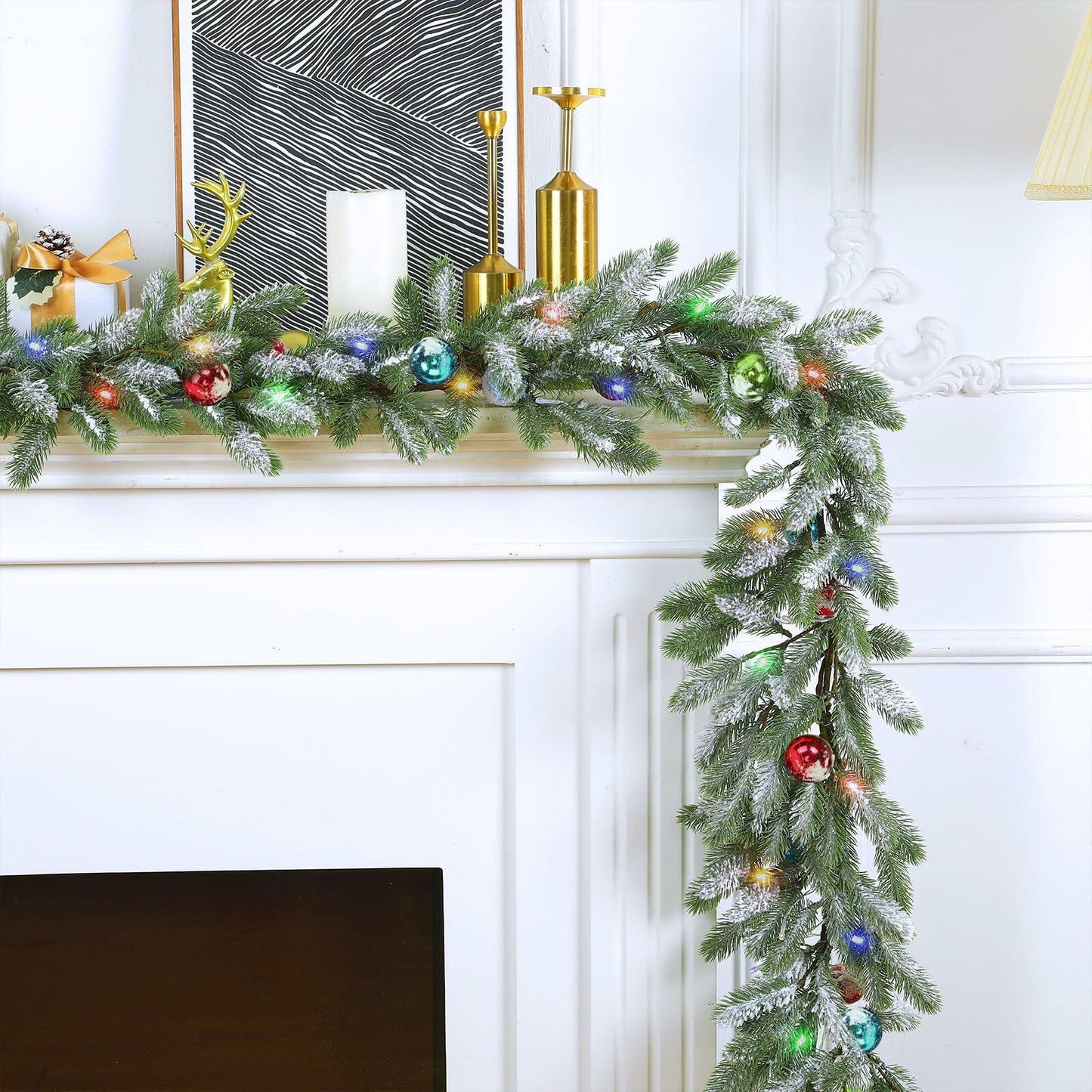 Chuangdi 9FT Flocked Cedar Garland with 50 LED Lights Frosted Pine