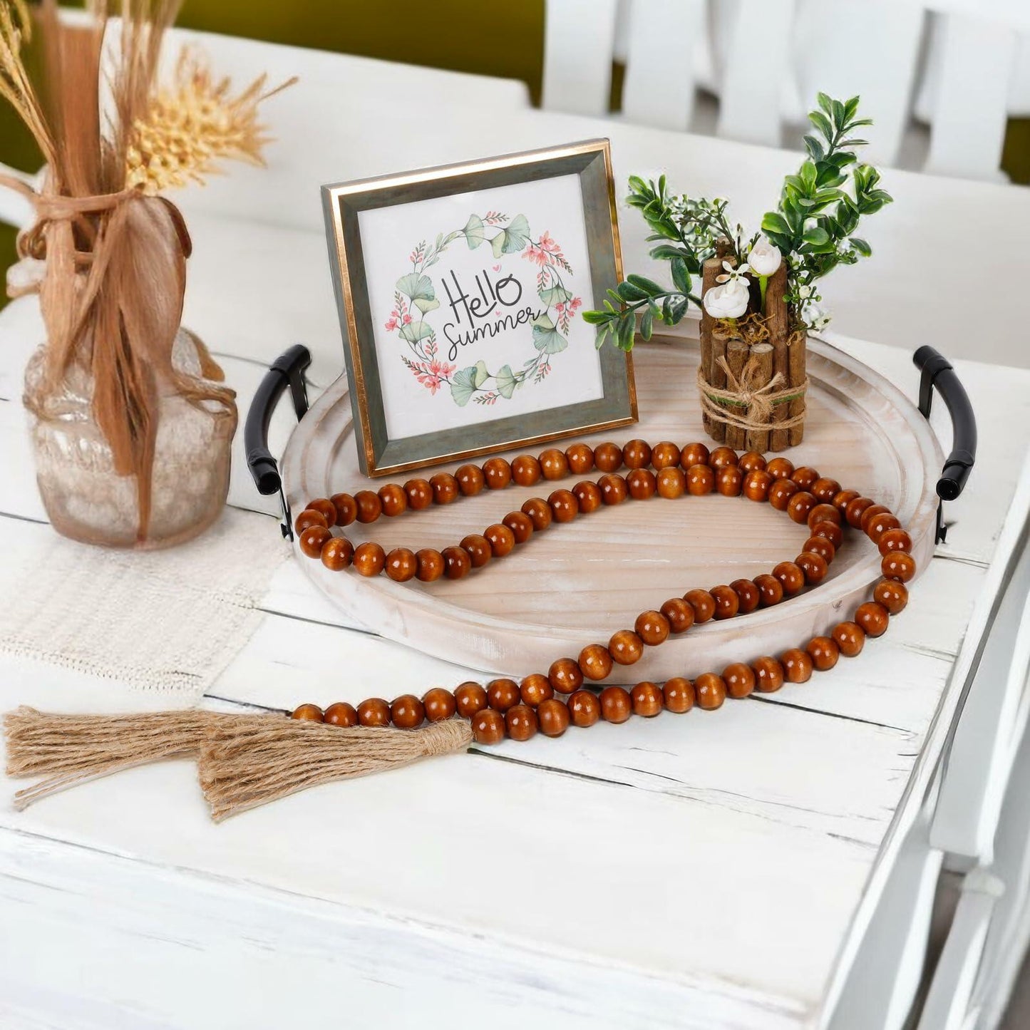 Round Wood Tray with Wood Bead Garland 13" Decorative Tray with Handles
