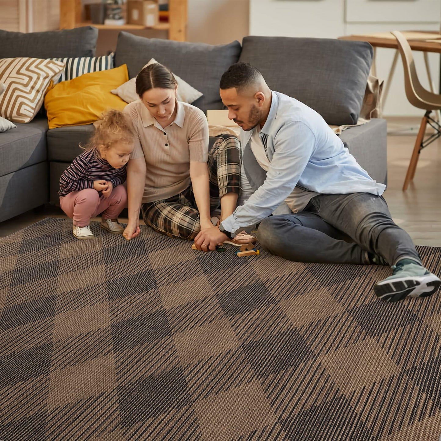 YIHOUSE Checkered Jute Rug 8x10 Brown Black Non Slip Indoor Outdoor