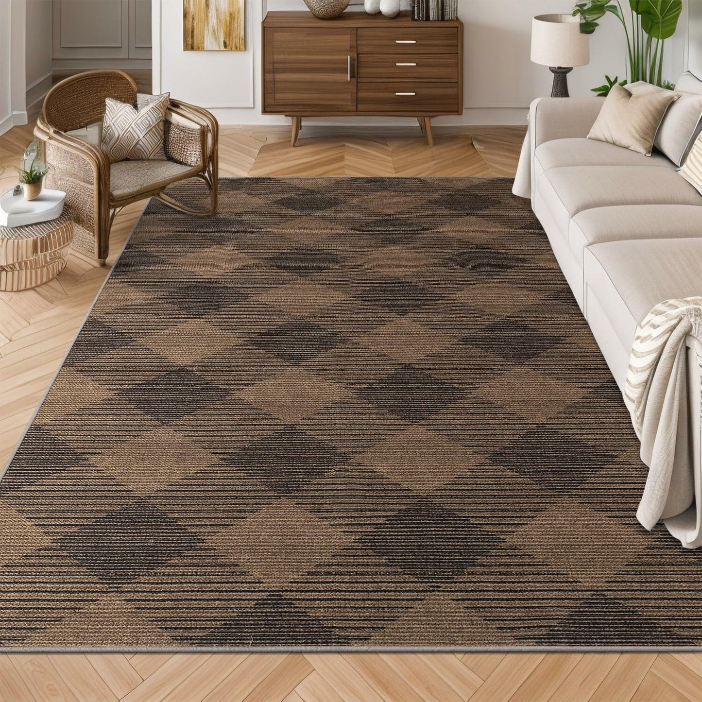 YIHOUSE Checkered Jute Rug 8x10 Brown Black Non Slip Indoor Outdoor
