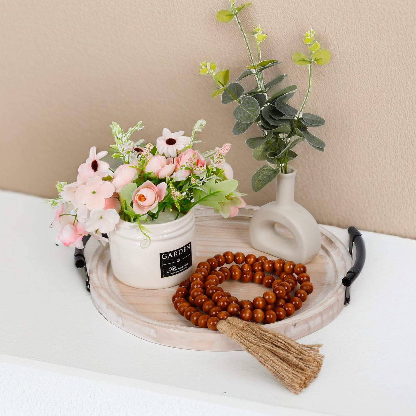 Round Wood Tray with Wood Bead Garland 13" Decorative Tray with Handles
