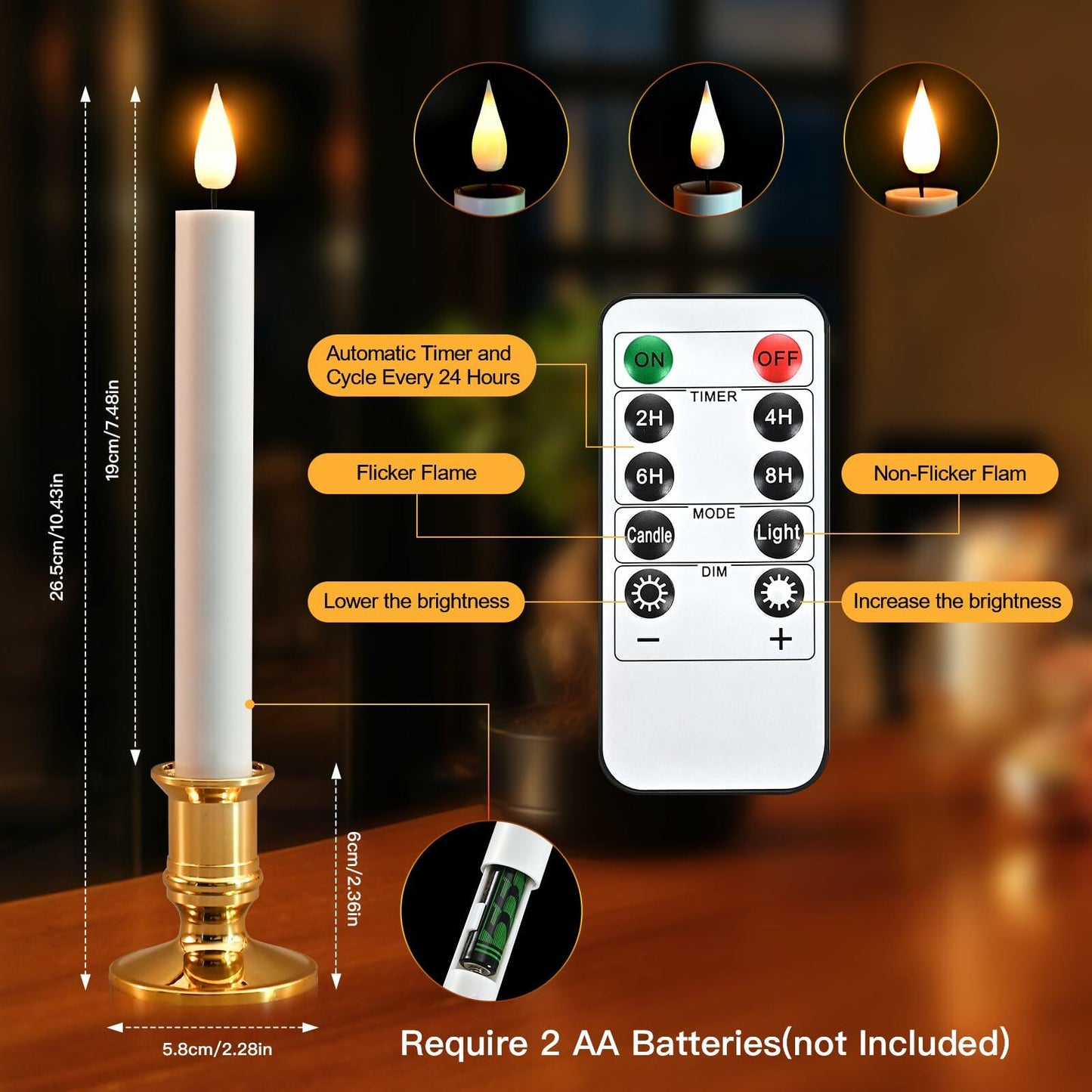 BriVIVI LED Flameless Candle 9.64'' Silver Remote Timer Battery 2Pack