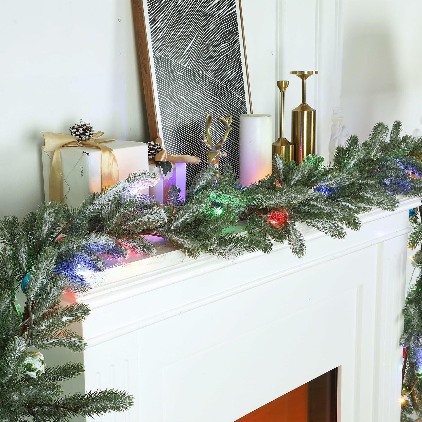 Chuangdi 9FT Flocked Cedar Garland with 50 LED Lights Frosted Pine
