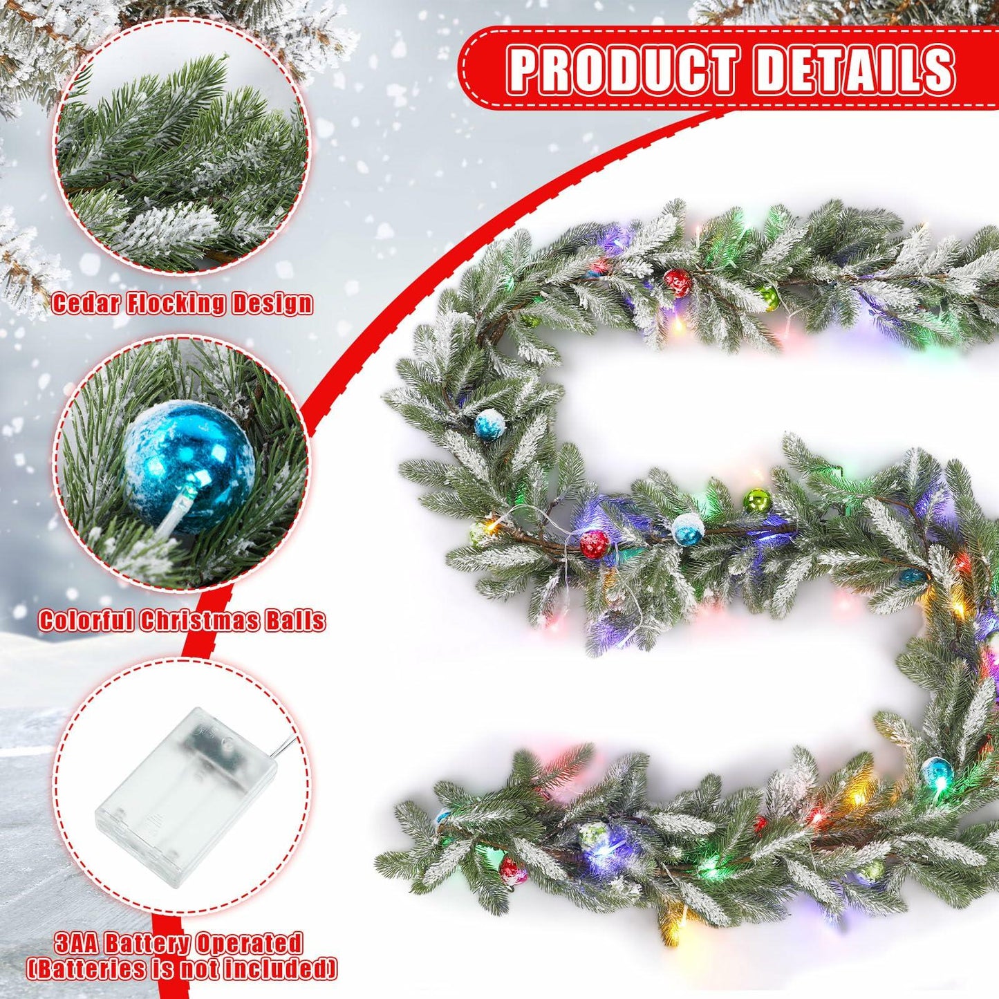 Chuangdi 9FT Flocked Cedar Garland with 50 LED Lights Frosted Pine