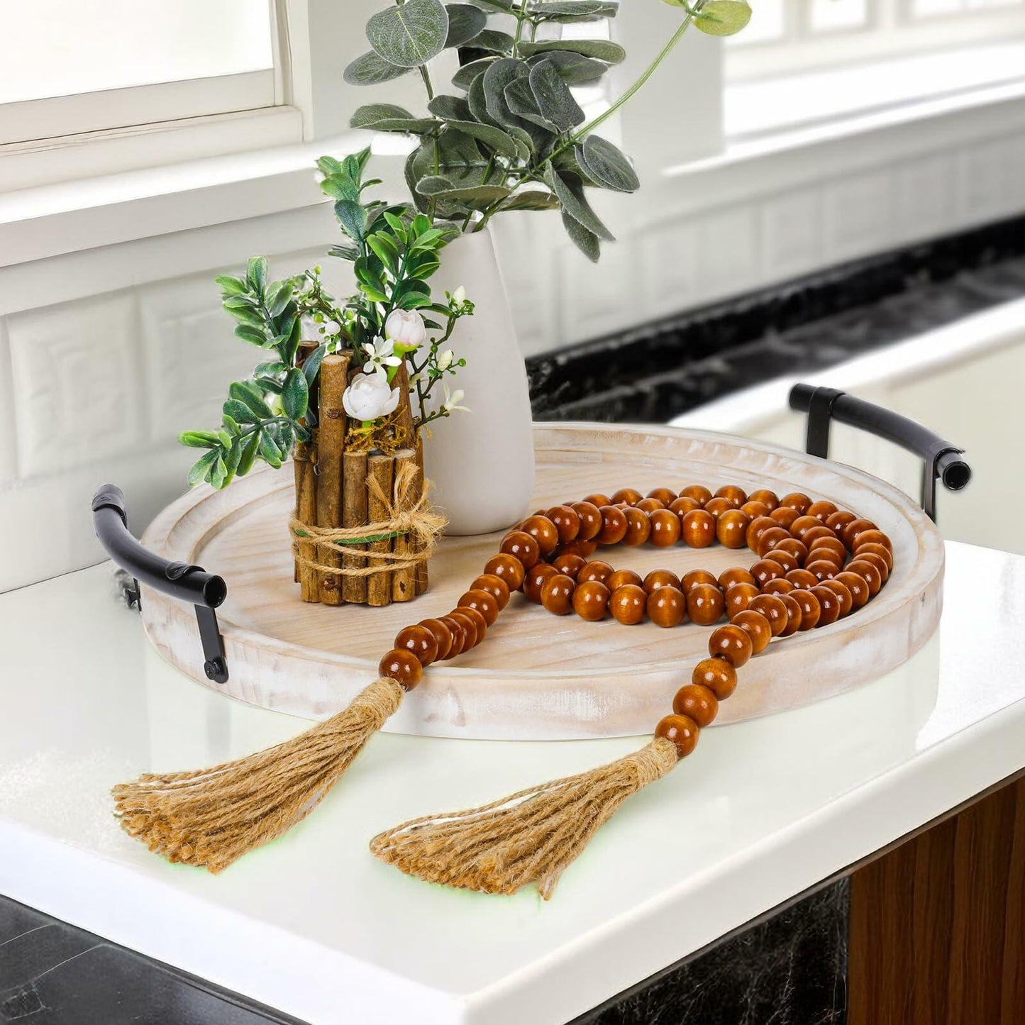 Round Wood Tray with Wood Bead Garland 13" Decorative Tray with Handles
