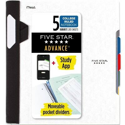 Five Star 5 Subject College Ruled Spiral Notebook 200Sheets White Pocket Divider