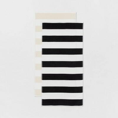 Sun Squad 2pk Striped Beach Towels Black Beige 28x58 in Cotton