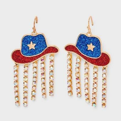 Americana Cowboy Hat Rhinestone Drop Earrings Red White Blue